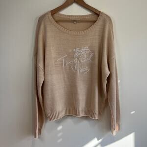 Beachly x Goldfish Kiss Beige Acrylic Knit Tropical Graphic Sweater L Pullover